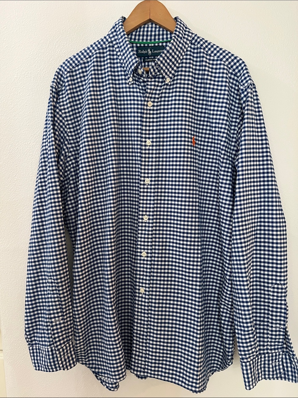 Ralph Lauren Navy & White Gingham Button-Down Shirt orange embroidered pony logo